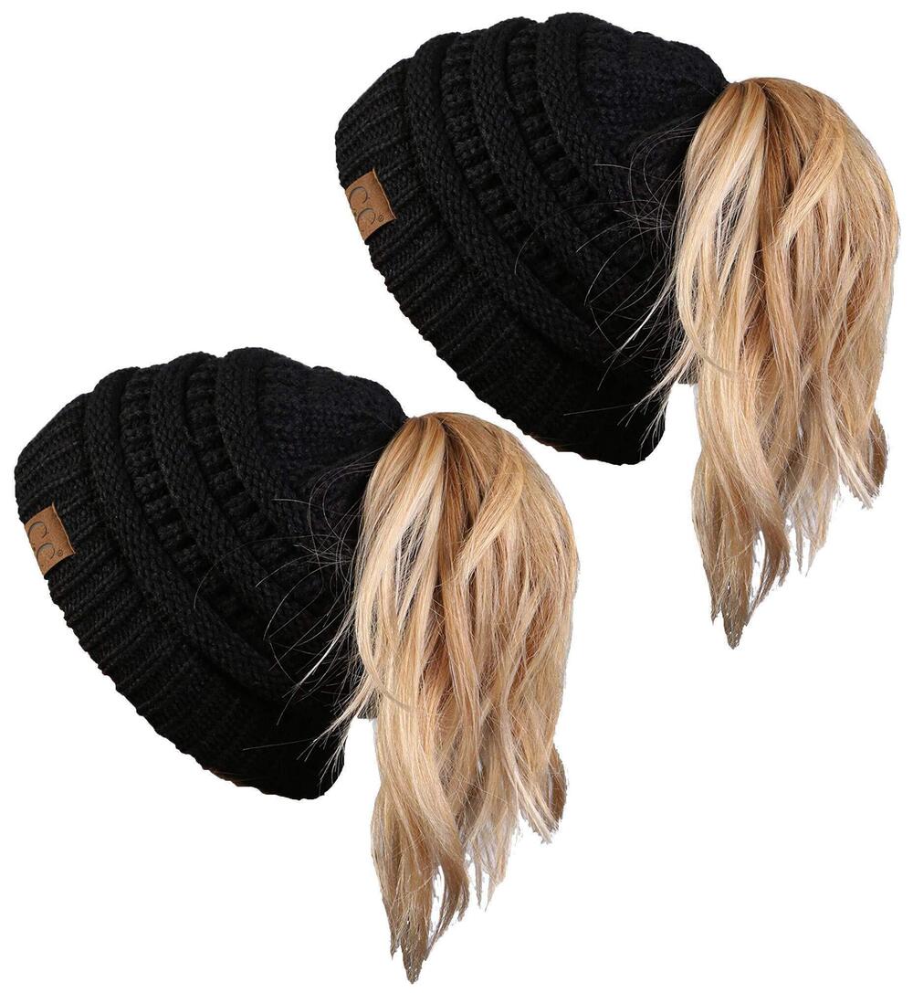 5423 Solid Messy Bun Beanie Tail Bundle - Black 2 Pack